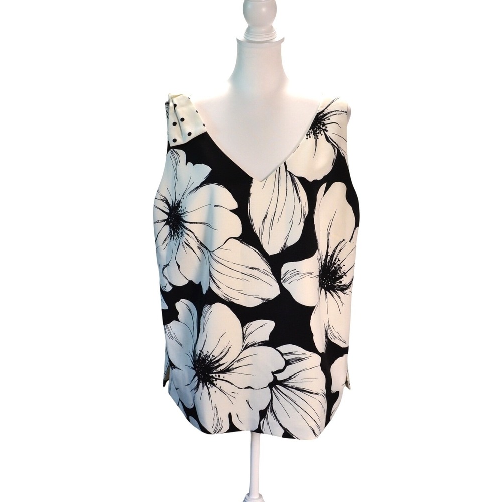 Talbots Plus Floral Tank Top Work Office Evening Summer Black White 16W Bow